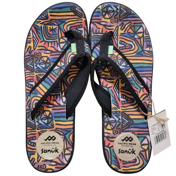 Sanuk Men Furreal ST x Pacific Pride Foundation Flip Flops Size US 11 Mosaic - Picture 1 of 3